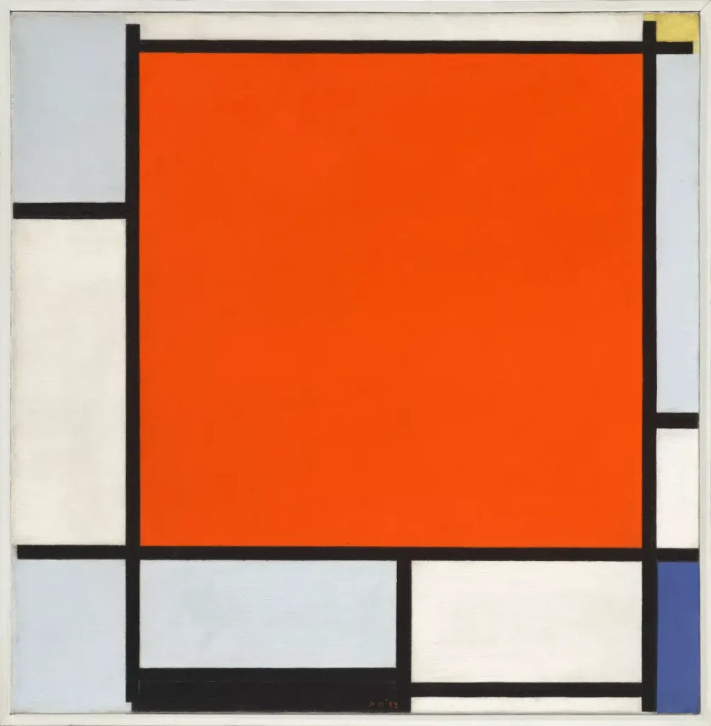 Composición con gran plano rojo, gris azulado, amarillo, negro y azul (Piet Mondrian, 1922) - por $47.5 million - Galería Duque Arango