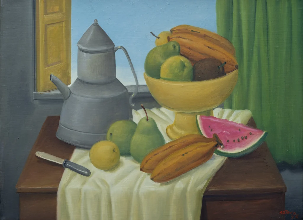 Fernando Botero, Bodegon con fruta cuchillo, y tetera frente a una venta, 1998