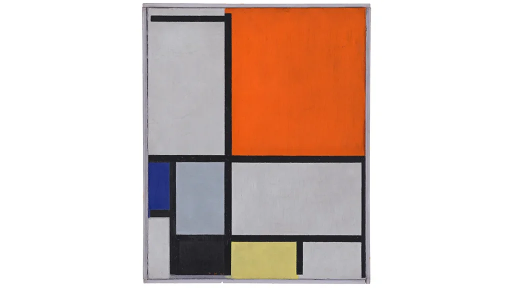piet-mondrain-composition-with-large-red-plane-blue-gray-black-and-yellow